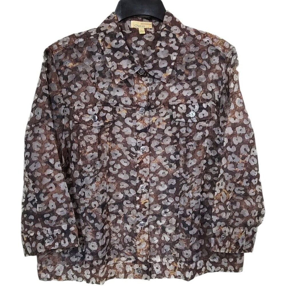Choices Animal Print Blouse Button-Up 3/4 Sleeves Semi-Sheer Women's Size Large